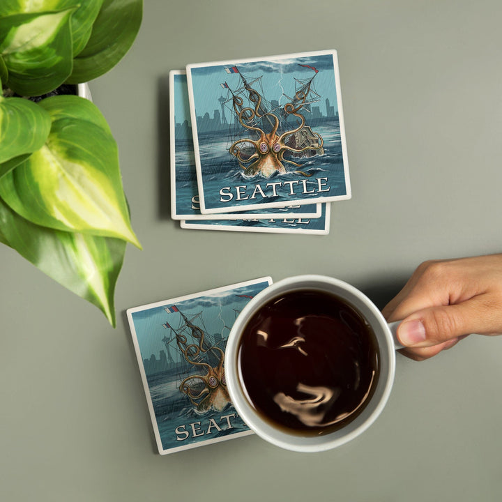 Seattle, Washington, Kraken Attacking Ship, Coasters Coasters Lantern Press 