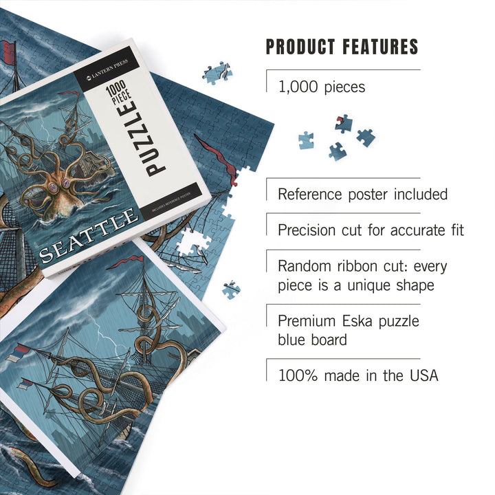 Seattle, Washington, Kraken Attacking Ship, Jigsaw Puzzle Puzzle Lantern Press 