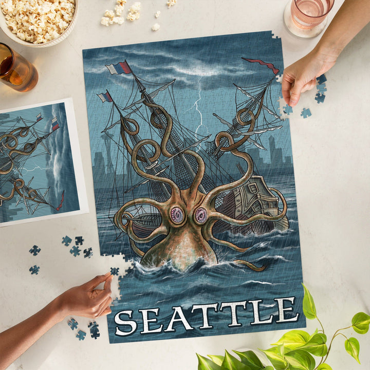 Seattle, Washington, Kraken Attacking Ship, Jigsaw Puzzle Puzzle Lantern Press 
