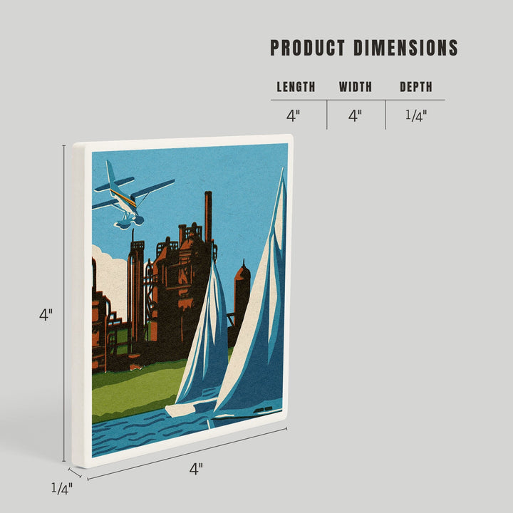 Seattle, Washington, Lake Union, Woodblock, Coasters Coasters Lantern Press 