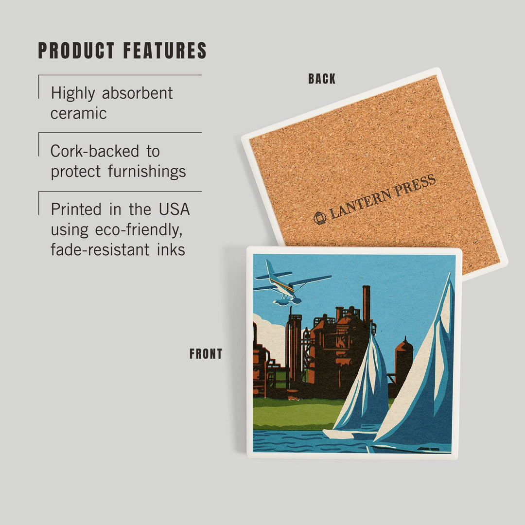 Seattle, Washington, Lake Union, Woodblock, Coasters Coasters Lantern Press 