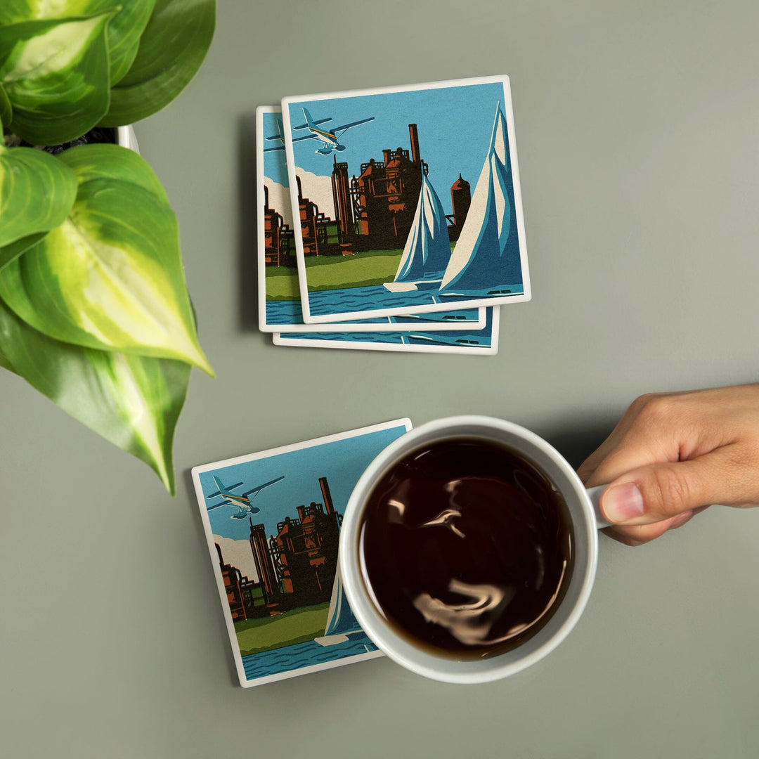 Seattle, Washington, Lake Union, Woodblock, Coasters Coasters Lantern Press 