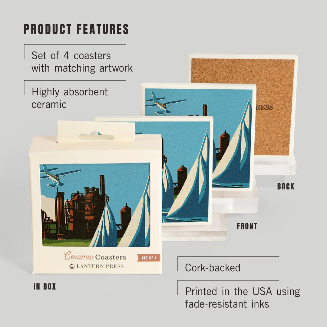 Seattle, Washington, Lake Union, Woodblock, Coasters Coasters Lantern Press 
