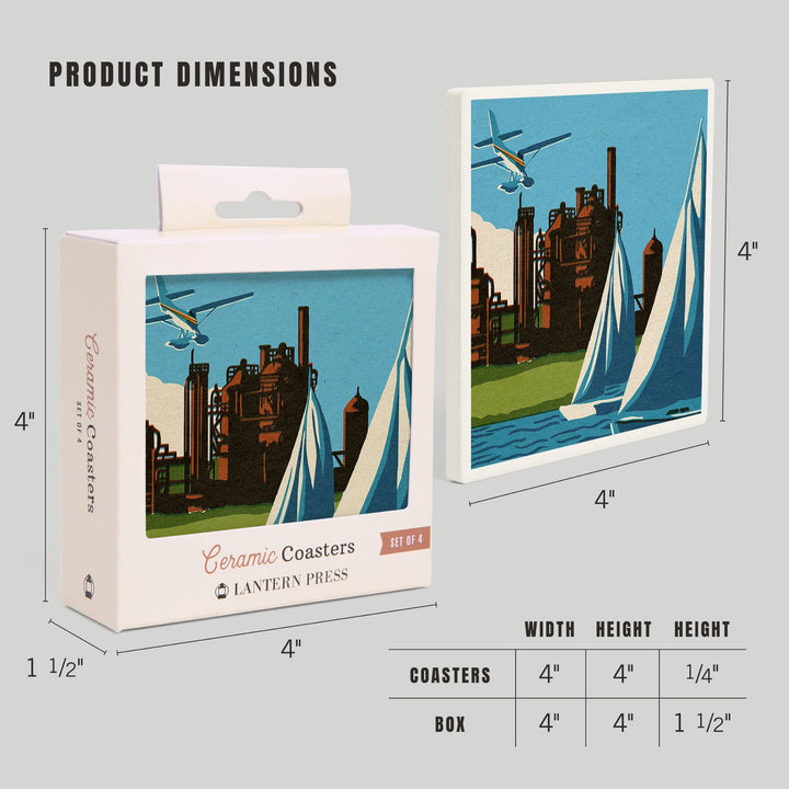 Seattle, Washington, Lake Union, Woodblock, Coasters Coasters Lantern Press 