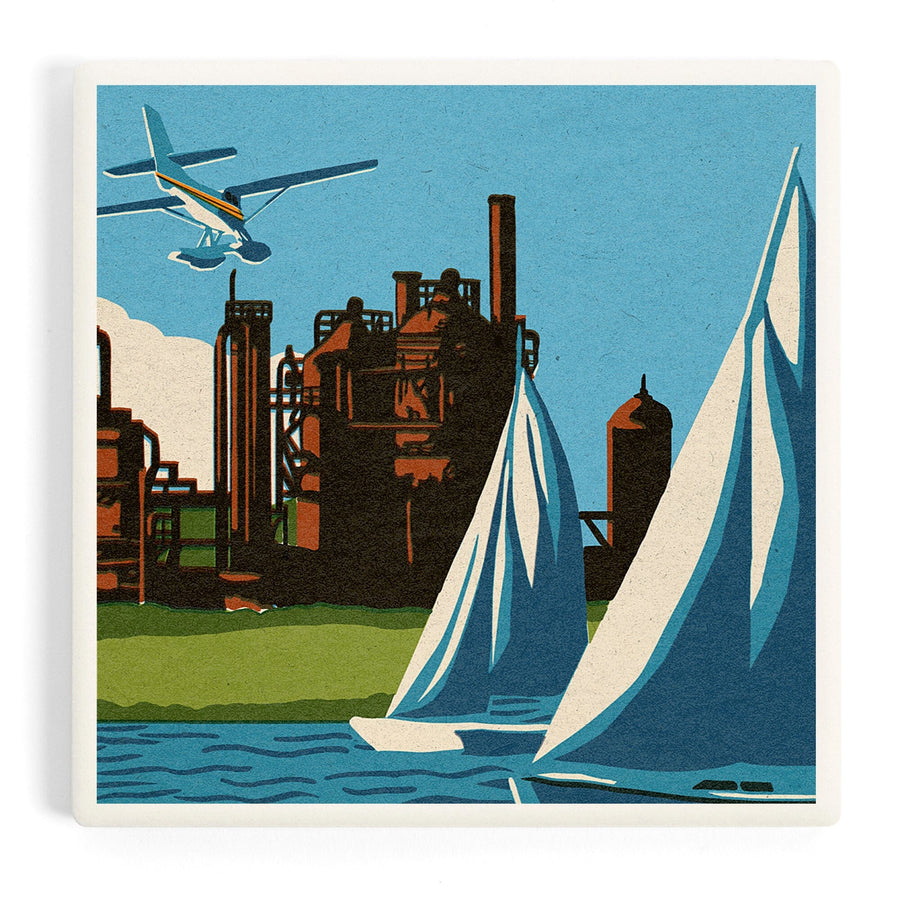 Seattle, Washington, Lake Union, Woodblock, Coasters Coasters Lantern Press 