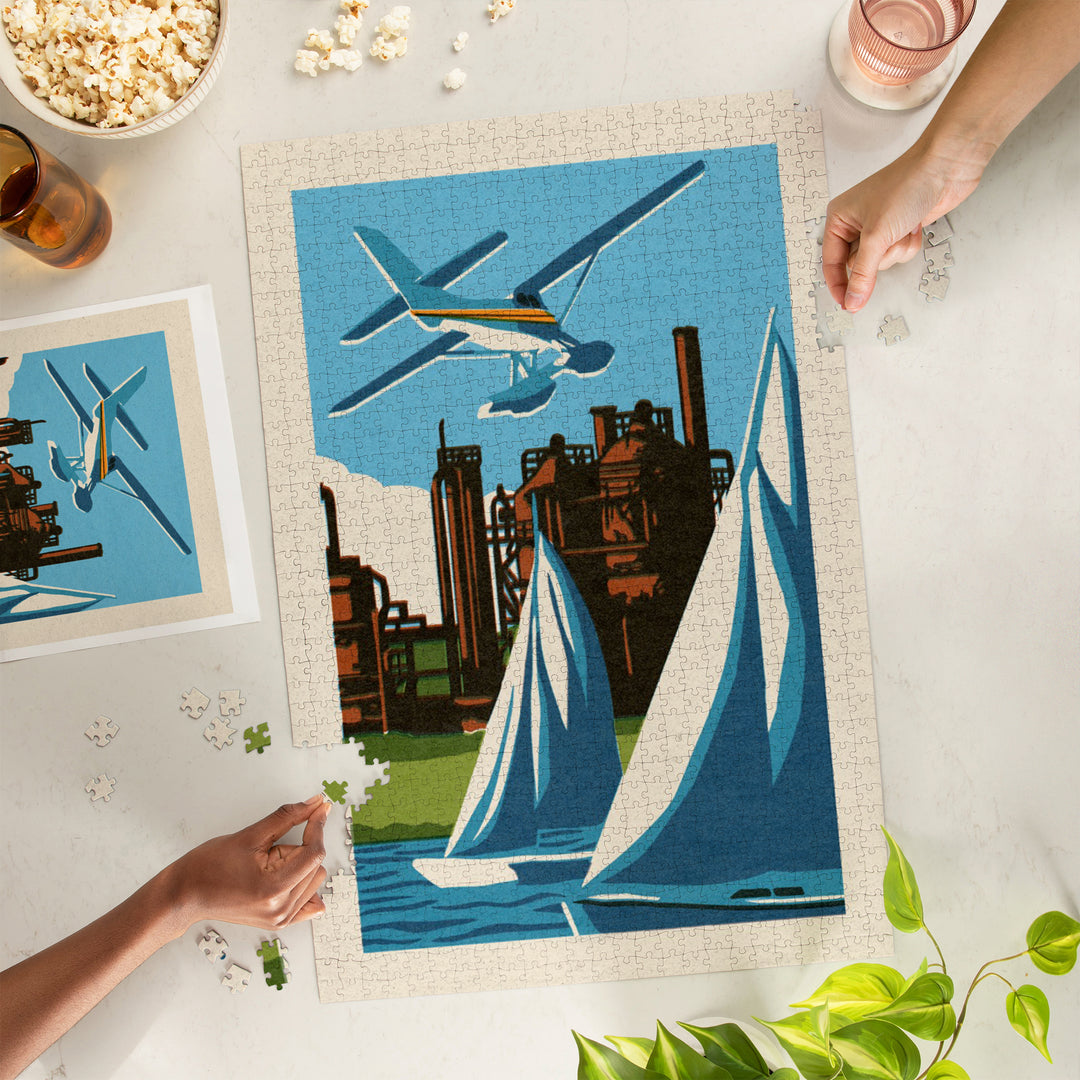 Seattle, Washington, Lake Union, Woodblock, Jigsaw Puzzle Puzzle Lantern Press 
