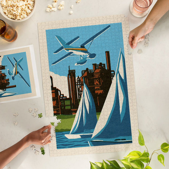Seattle, Washington, Lake Union, Woodblock, Jigsaw Puzzle Puzzle Lantern Press 