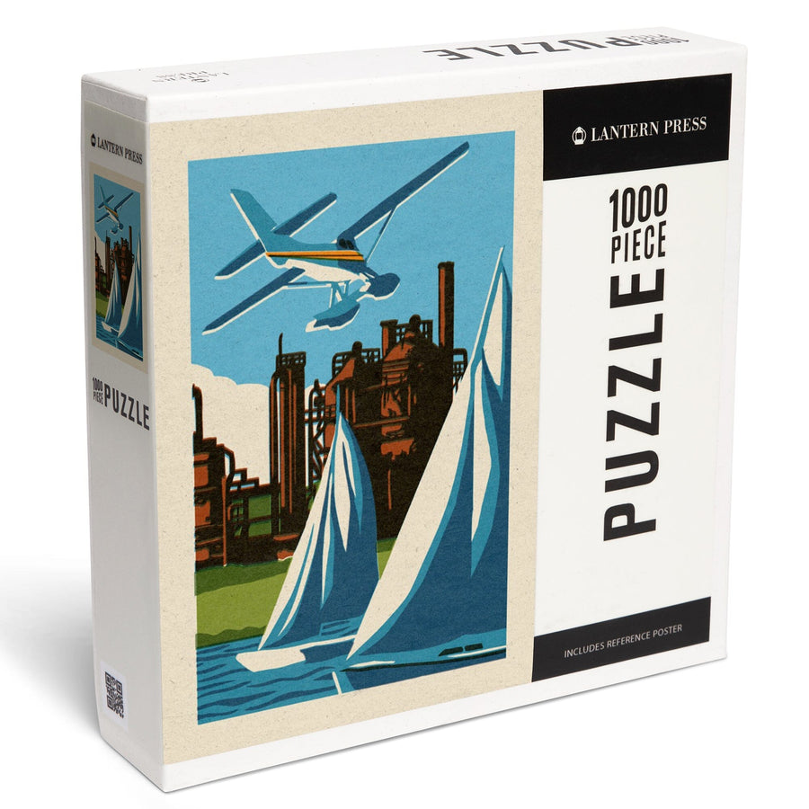 Seattle, Washington, Lake Union, Woodblock, Jigsaw Puzzle Puzzle Lantern Press 
