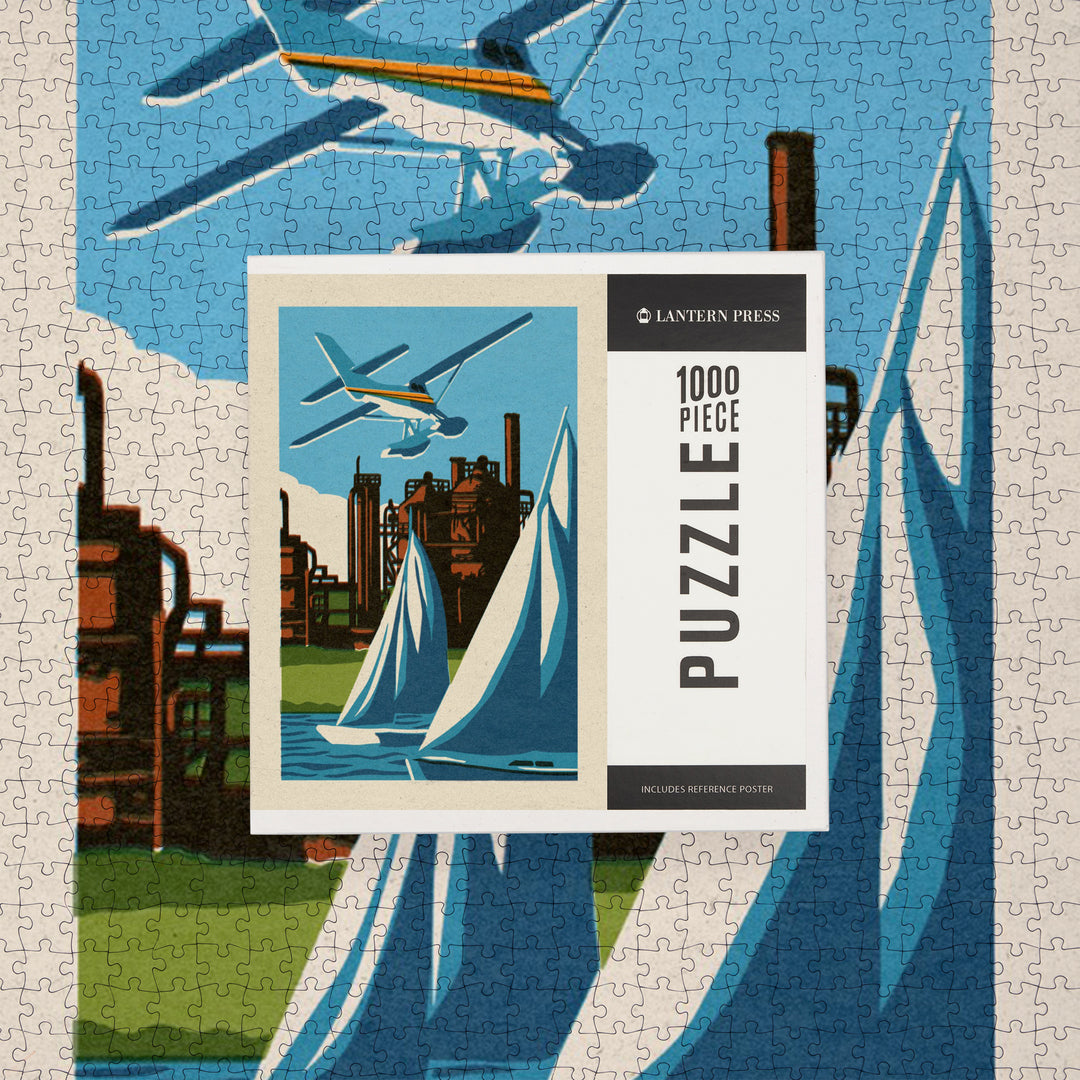Seattle, Washington, Lake Union, Woodblock, Jigsaw Puzzle Puzzle Lantern Press 