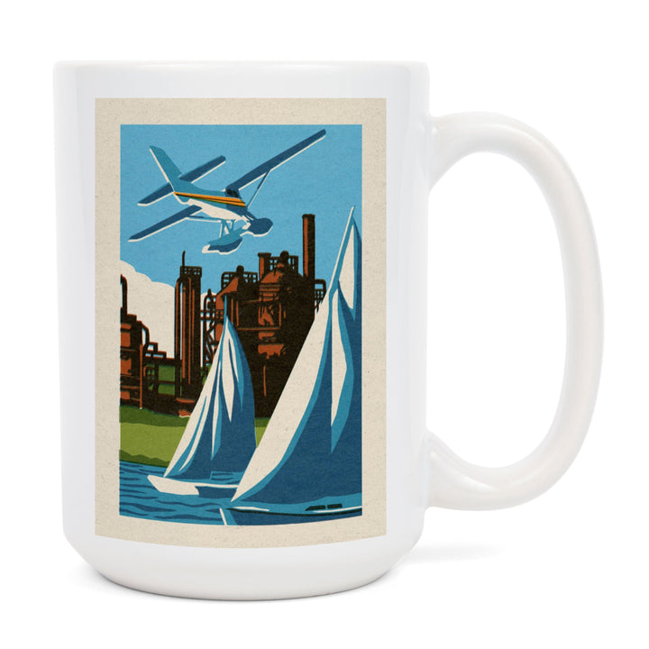 Seattle, Washington, Lake Union, Woodblock, Lantern Press Artwork, Ceramic Mug Mugs Lantern Press 