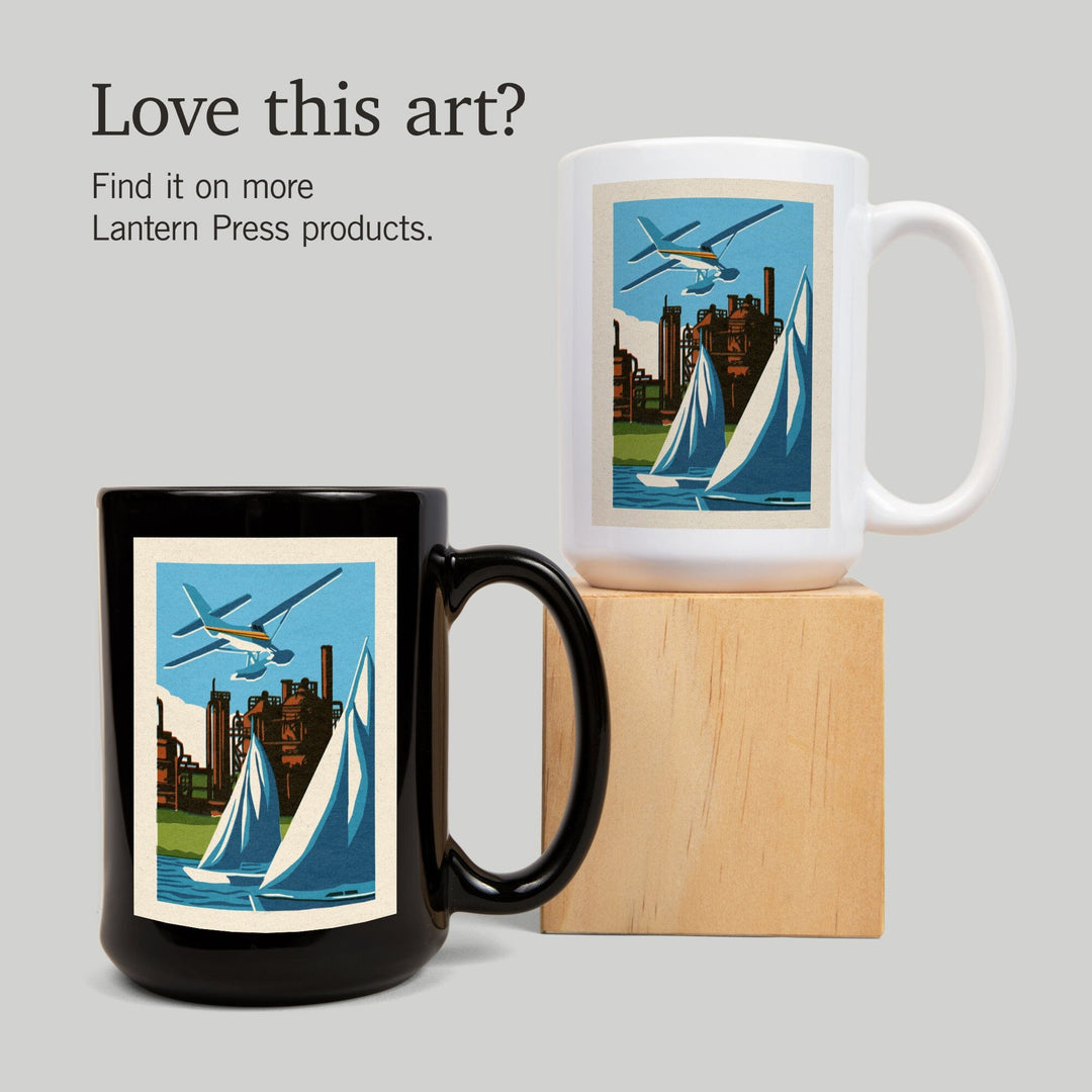 Seattle, Washington, Lake Union, Woodblock, Lantern Press Artwork, Ceramic Mug Mugs Lantern Press 