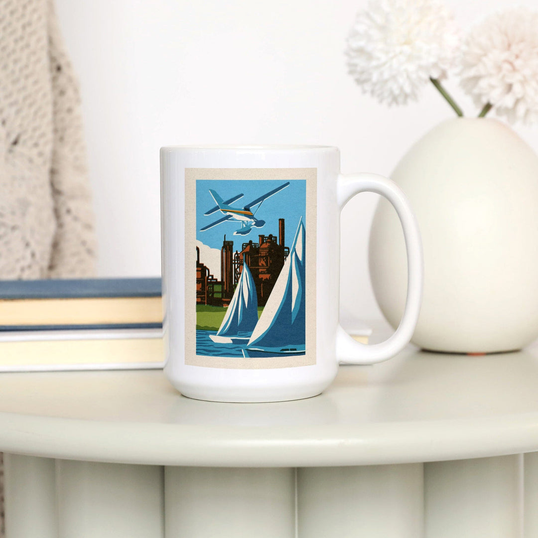 Seattle, Washington, Lake Union, Woodblock, Lantern Press Artwork, Ceramic Mug Mugs Lantern Press 