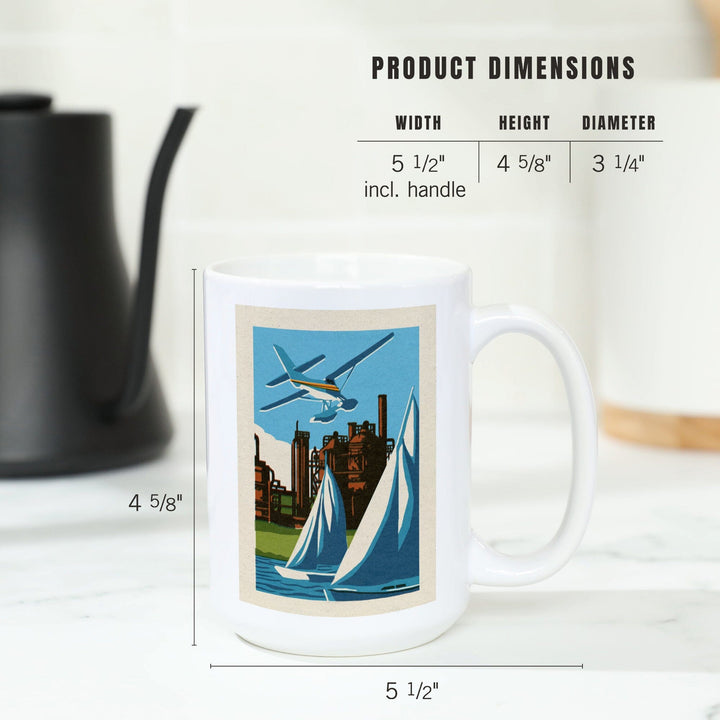 Seattle, Washington, Lake Union, Woodblock, Lantern Press Artwork, Ceramic Mug Mugs Lantern Press 