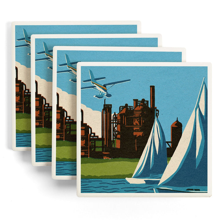 Seattle, Washington, Lake Union, Woodblock, Lantern Press Artwork, Coaster Set Coasters Lantern Press 