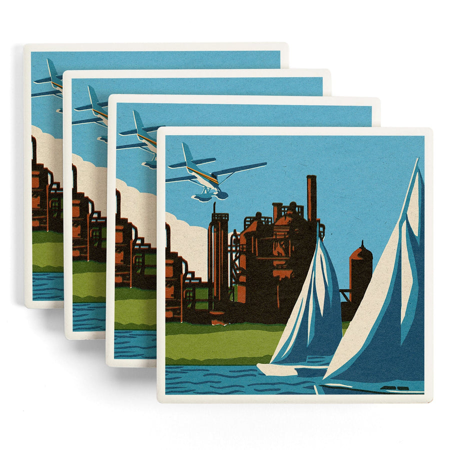 Seattle, Washington, Lake Union, Woodblock, Lantern Press Artwork, Coaster Set Coasters Lantern Press 