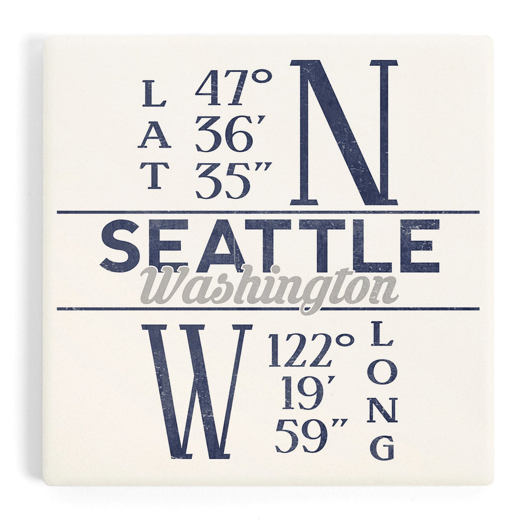 Seattle, Washington, Latitude and Longitude (Blue), Coasters Coasters Lantern Press 