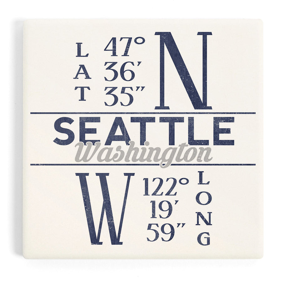 Seattle, Washington, Latitude and Longitude (Blue), Coasters Coasters Lantern Press 