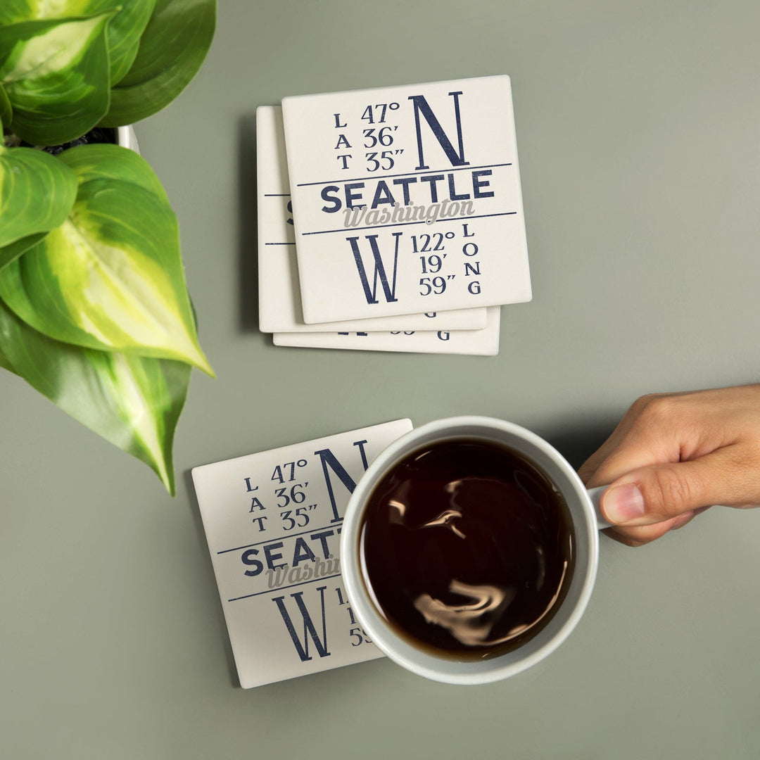 Seattle, Washington, Latitude and Longitude (Blue), Coasters Coasters Lantern Press 
