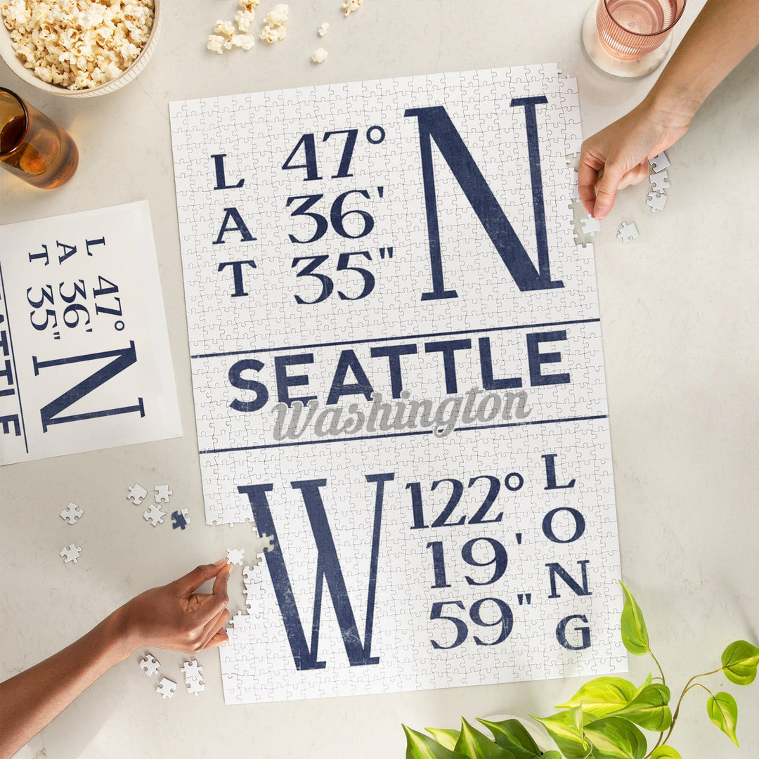Seattle, Washington, Latitude and Longitude (Blue), Jigsaw Puzzle Puzzle Lantern Press 