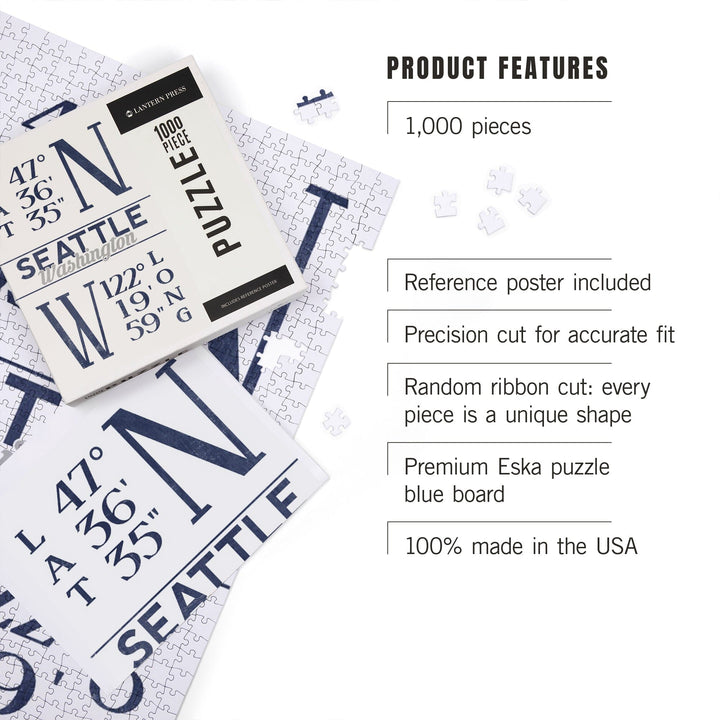 Seattle, Washington, Latitude and Longitude (Blue), Jigsaw Puzzle Puzzle Lantern Press 