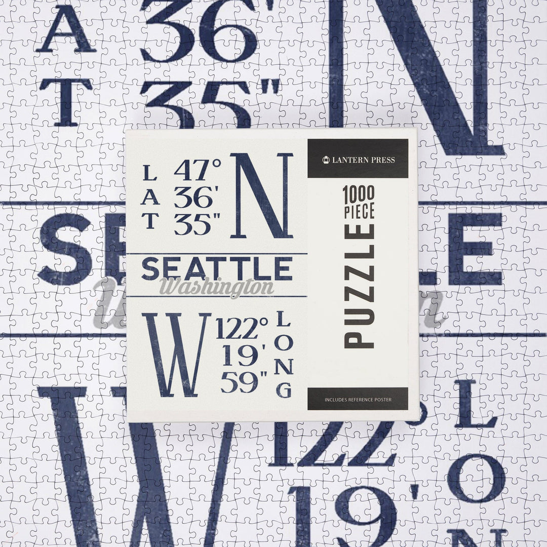 Seattle, Washington, Latitude and Longitude (Blue), Jigsaw Puzzle Puzzle Lantern Press 