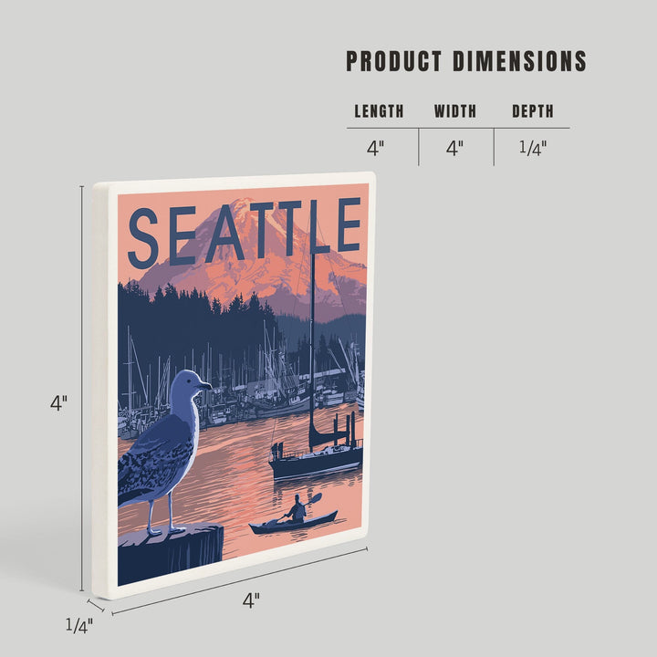 Seattle, Washington, Marina and Rainier at Sunset, Coasters Coasters Lantern Press 