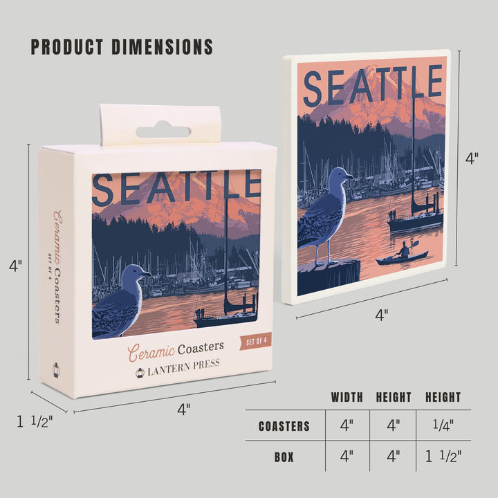 Seattle, Washington, Marina and Rainier at Sunset, Coasters Coasters Lantern Press 