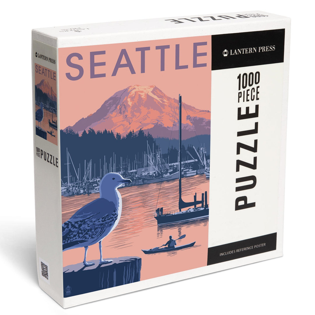 Seattle, Washington, Marina and Rainier at Sunset, Jigsaw Puzzle Puzzle Lantern Press 