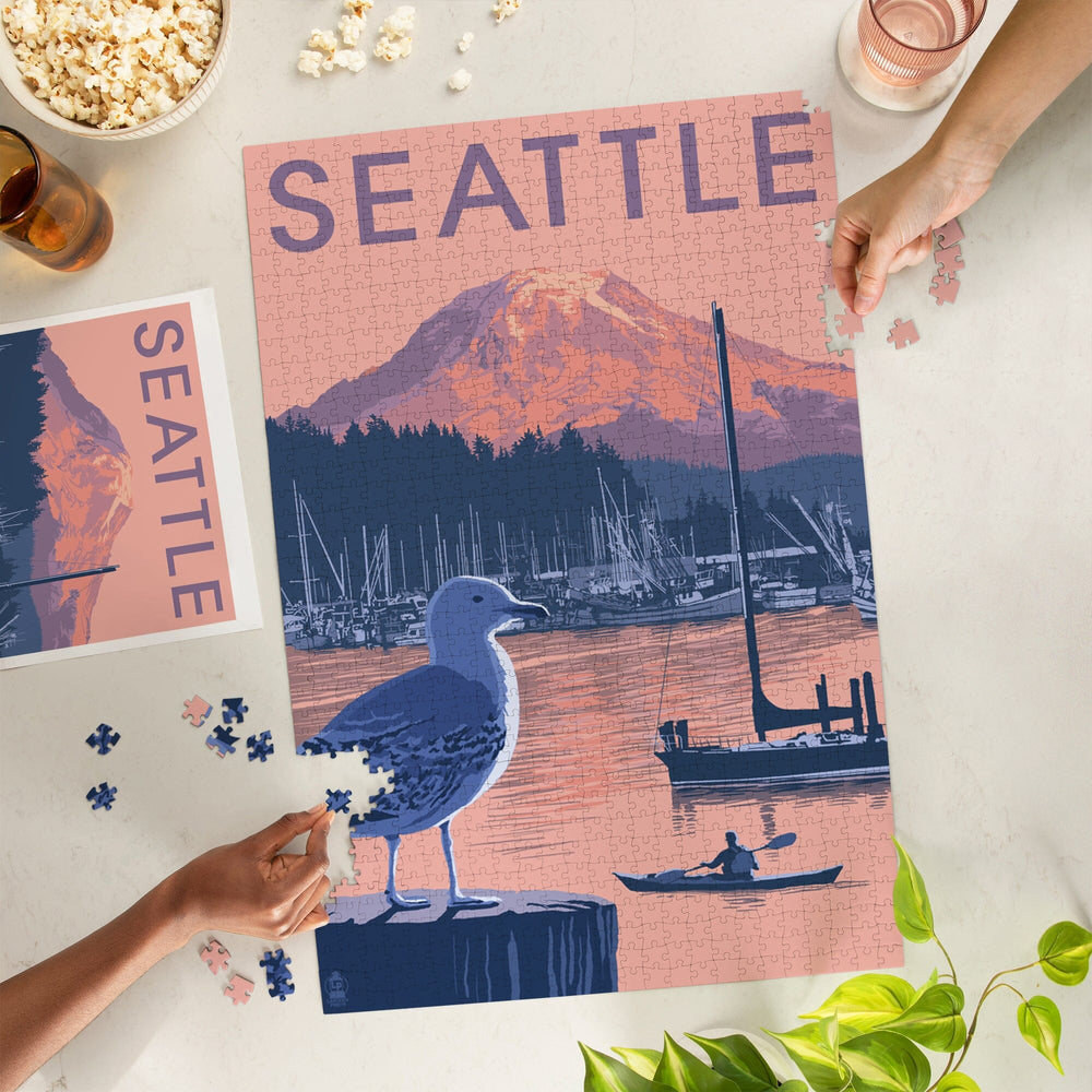 Seattle, Washington, Marina and Rainier at Sunset, Jigsaw Puzzle Puzzle Lantern Press 