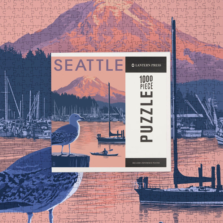 Seattle, Washington, Marina and Rainier at Sunset, Jigsaw Puzzle Puzzle Lantern Press 