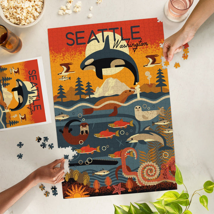 Seattle, Washington, Marine Animals, Geometric, Jigsaw Puzzle Puzzle Lantern Press 