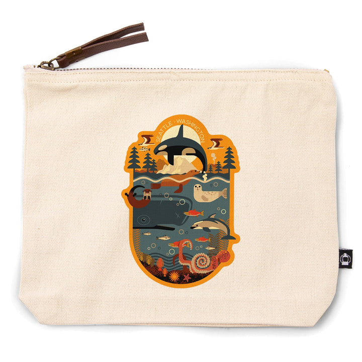 Seattle, Washington, Marine Animals, Geometric,, Organic Cotton Zipper Pouch, Go Bag Go Bag Lantern Press 