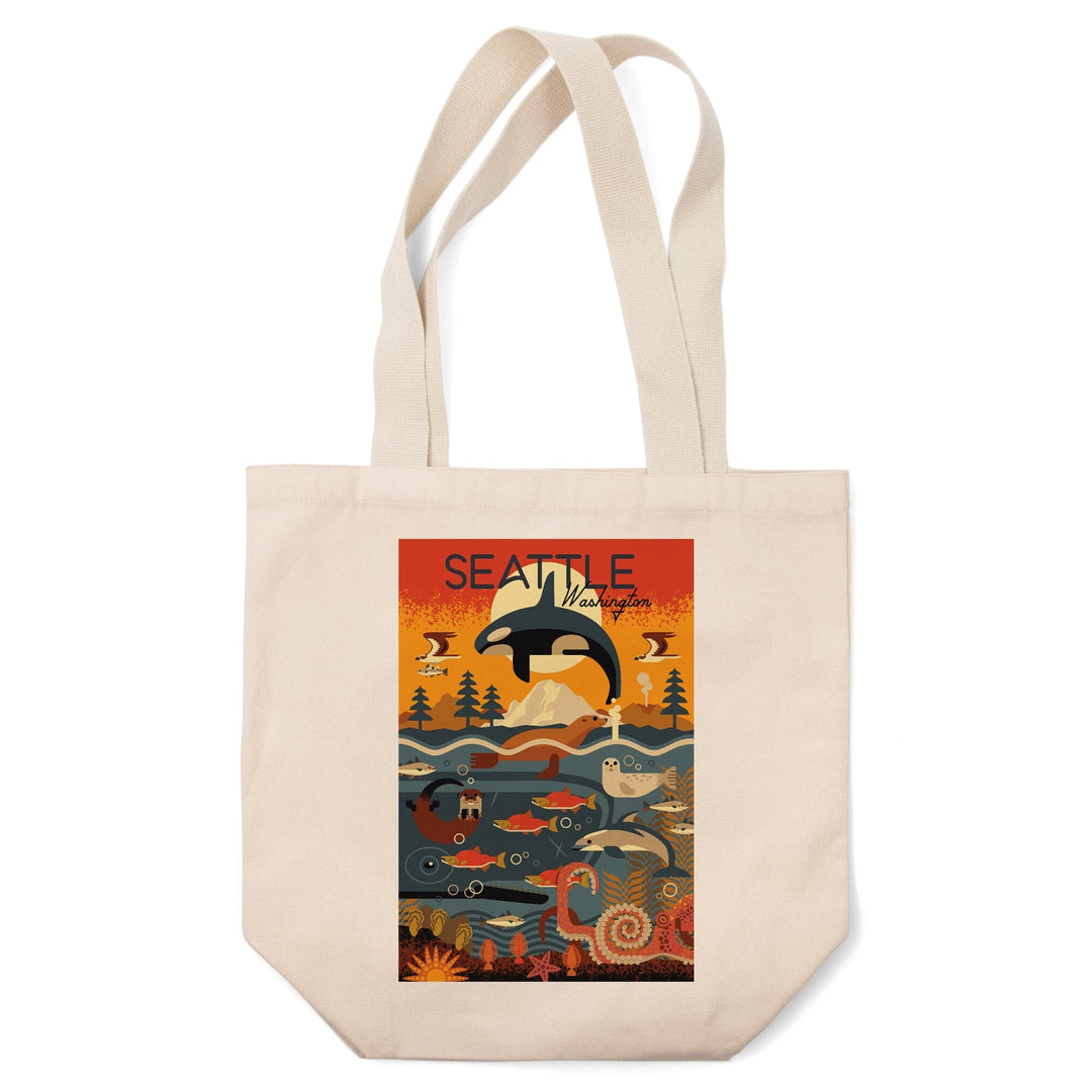 Seattle, Washington, Marine Animals, Geometric, Tote Bag Totes Lantern Press 
