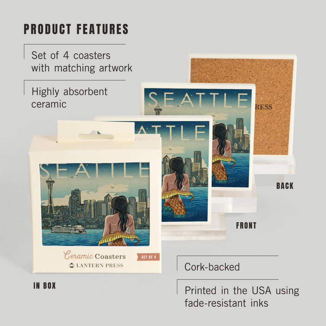 Seattle, Washington, Mermaid, Coasters Coasters Lantern Press 