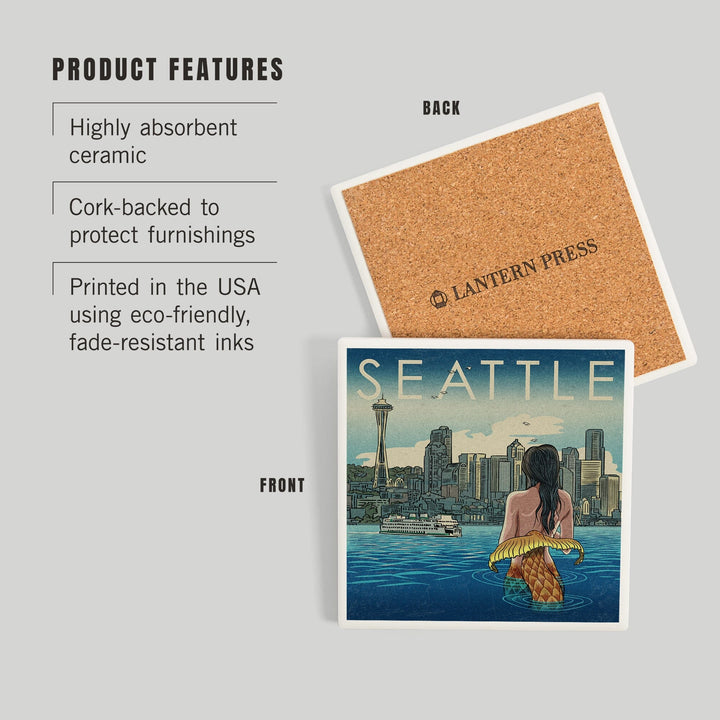 Seattle, Washington, Mermaid, Coasters Coasters Lantern Press 