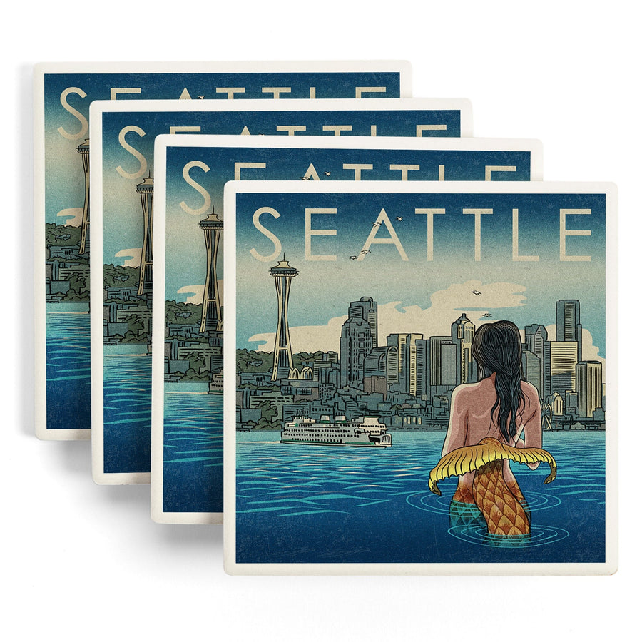 Seattle, Washington, Mermaid, Lantern Press Artwork, Coaster Set Coasters Lantern Press 