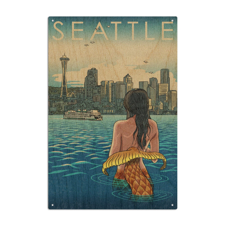 Seattle, Washington, Mermaid, Lantern Press Artwork, Wood Signs and Postcards Wood Lantern Press 10 x 15 Wood Sign 