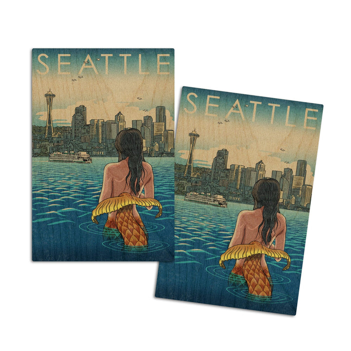 Seattle, Washington, Mermaid, Lantern Press Artwork, Wood Signs and Postcards Wood Lantern Press 4x6 Wood Postcard Set 