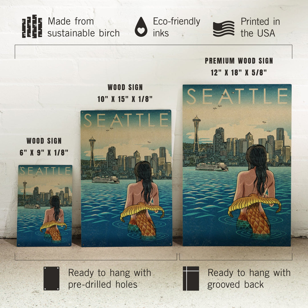 Seattle, Washington, Mermaid, Lantern Press Artwork, Wood Signs and Postcards Wood Lantern Press 