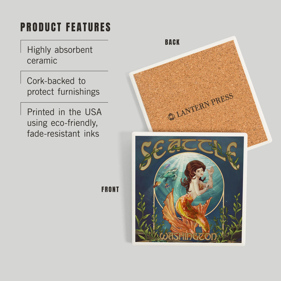 Seattle, Washington, Mermaid Scene, Coasters Coasters Lantern Press 