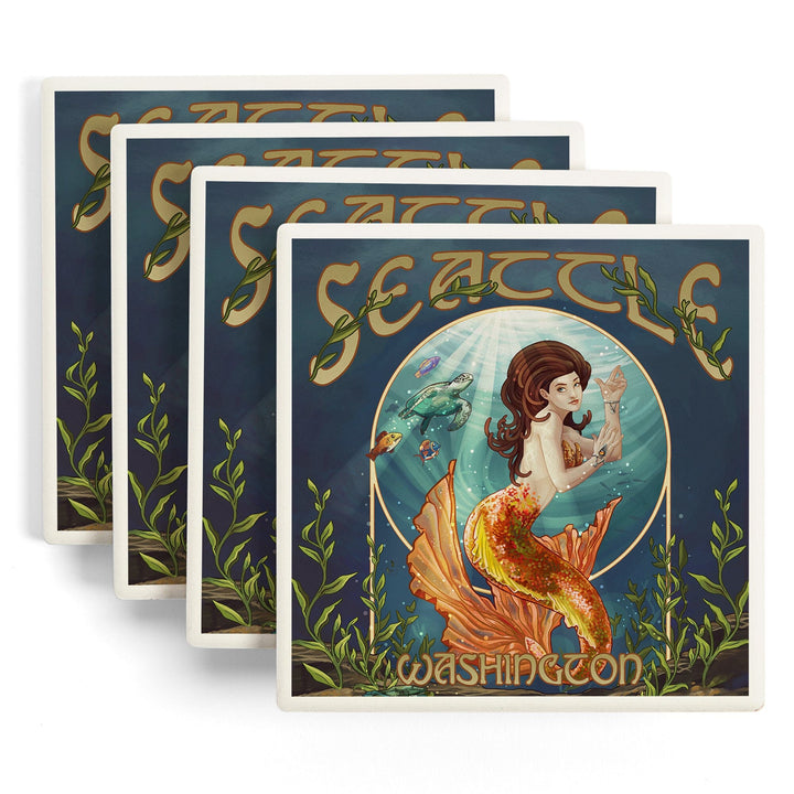 Seattle, Washington, Mermaid Scene, Coasters Coasters Lantern Press 