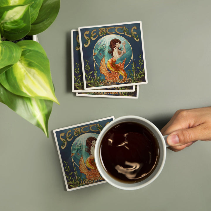 Seattle, Washington, Mermaid Scene, Coasters Coasters Lantern Press 