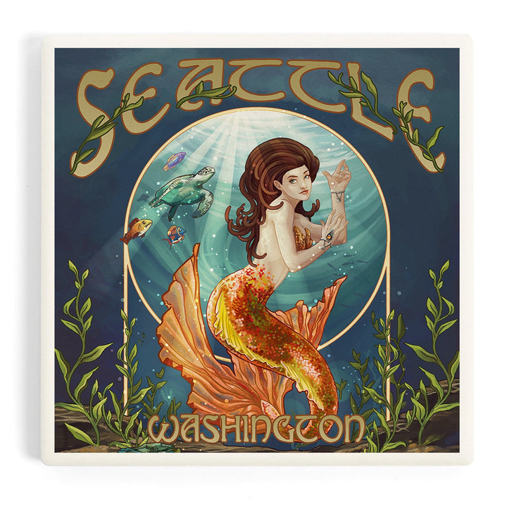 Seattle, Washington, Mermaid Scene, Coasters Coasters Lantern Press Coaster 