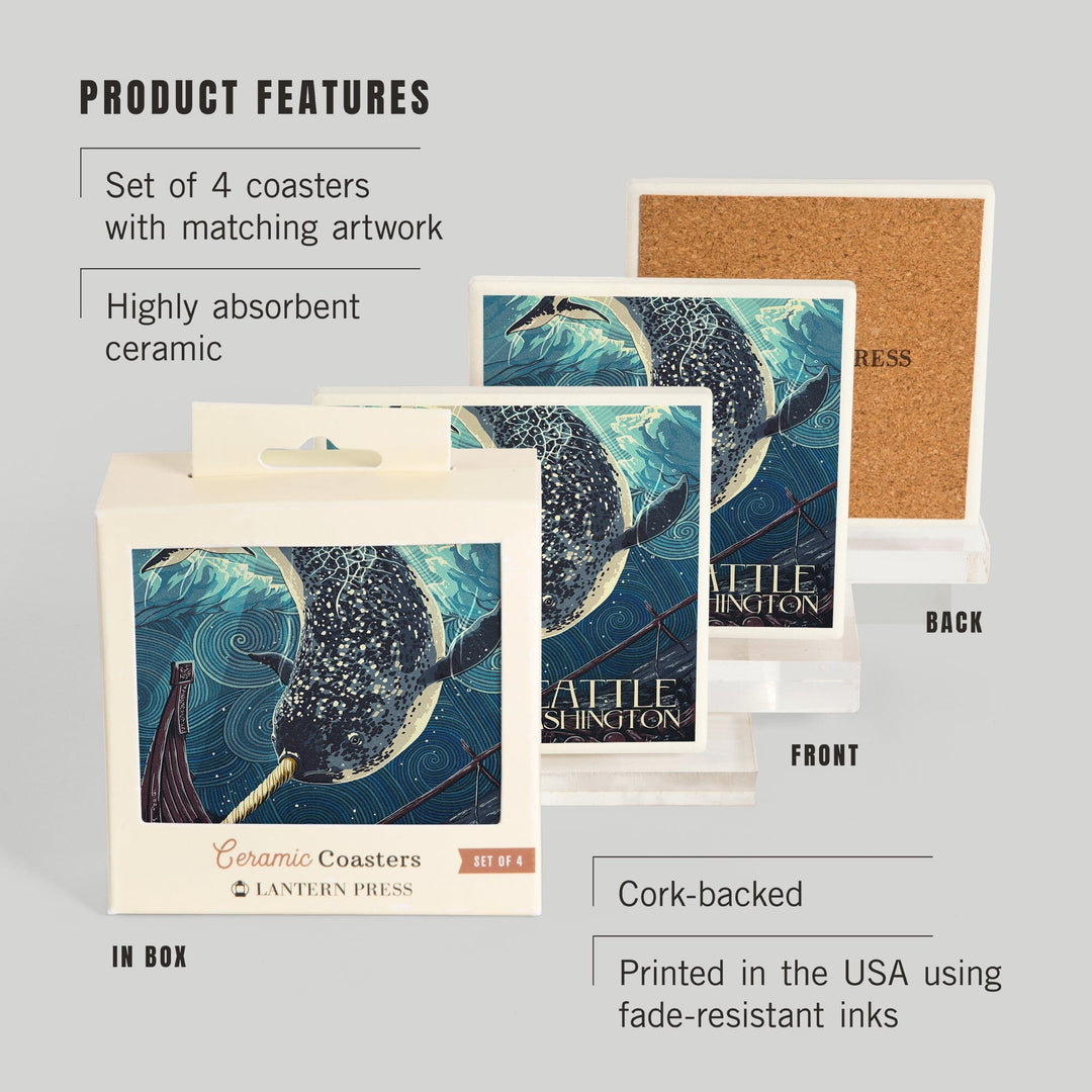 Seattle, Washington, Narwhal Letterpress, Lantern Press Artwork, Coaster Set Coasters Lantern Press 