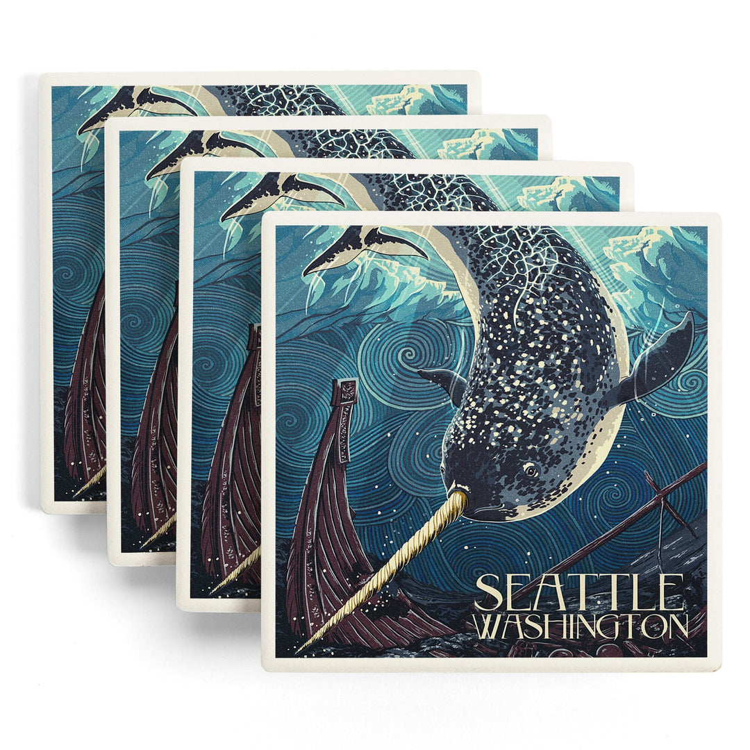 Seattle, Washington, Narwhal Letterpress, Lantern Press Artwork, Coaster Set Coasters Lantern Press 