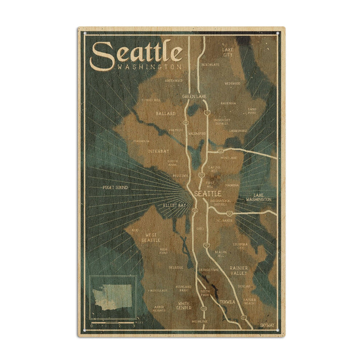 Seattle, Washington, Nautical Map, Lantern Press Artwork, Wood Signs and Postcards Wood Lantern Press 10 x 15 Wood Sign 