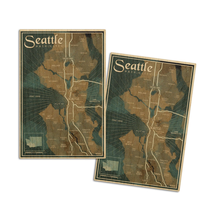Seattle, Washington, Nautical Map, Lantern Press Artwork, Wood Signs and Postcards Wood Lantern Press 4x6 Wood Postcard Set 