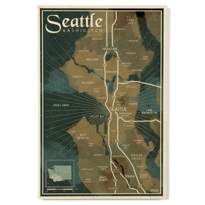 Seattle, Washington, Nautical Map, Lantern Press Artwork, Wood Signs and Postcards Wood Lantern Press 