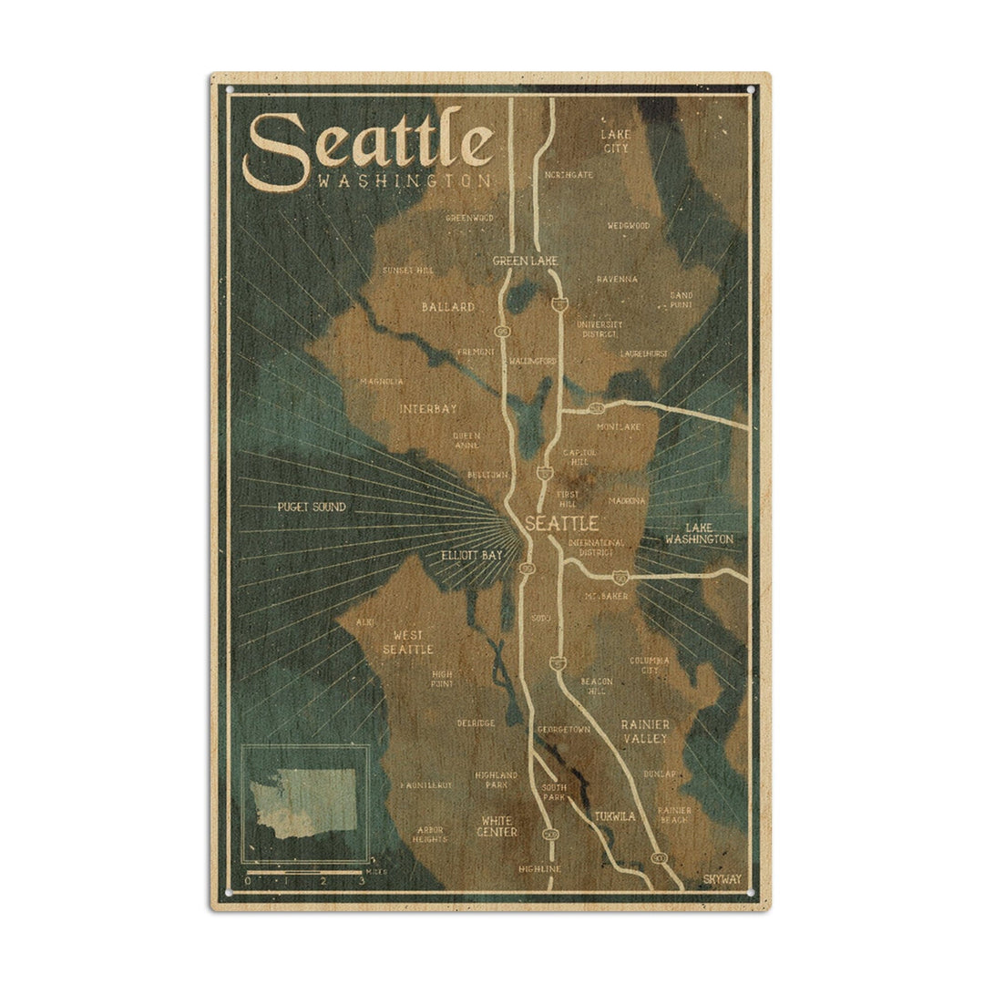 Seattle, Washington, Nautical Map, Lantern Press Artwork, Wood Signs and Postcards Wood Lantern Press 6x9 Wood Sign 
