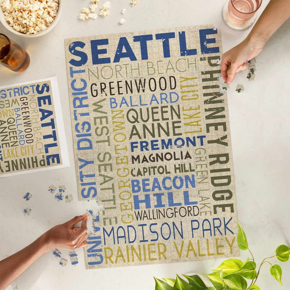 Seattle, Washington, Neighborhoods Typography, Jigsaw Puzzle Puzzle Lantern Press 